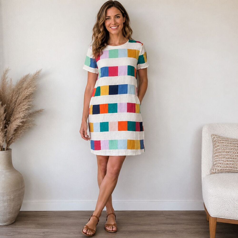Corey Lynn Calter Clare Linen Shift Dress Pockets Multicolor Block Size L USA - Picture 9 of 9